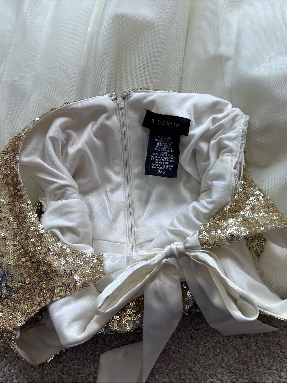 B. Darlin Girls Gold Sequin & Ivory Tulle Party Dress Bow Back Size 7/8 Juniors - Picture 8 of 12